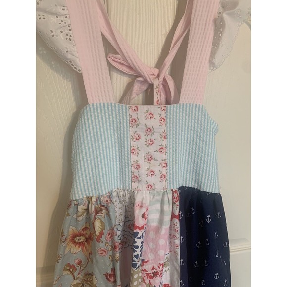 Girls Handmade Twirl Knit Dress Multi Fabric Size 8 Dress Tie Back Cap Sleeves - Picture 3 of 9